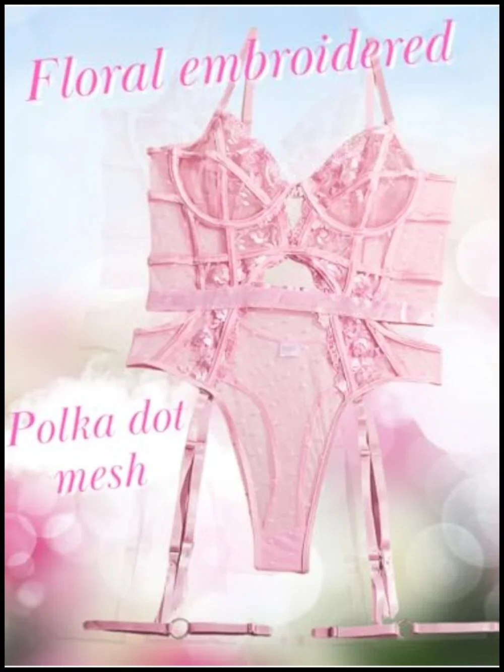 Floral Embroidered Underwire Backless Bodysuit with Removable Garters